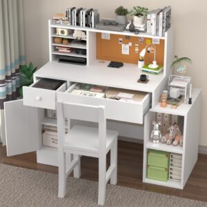 NKUGCFC Childrens Computer Desk with Bulletin Board, White Kids Desk and Chair Set for 5-12 Year Old, Kids Study Table with Chair, Drawers and Cabinets-ZXcvtz