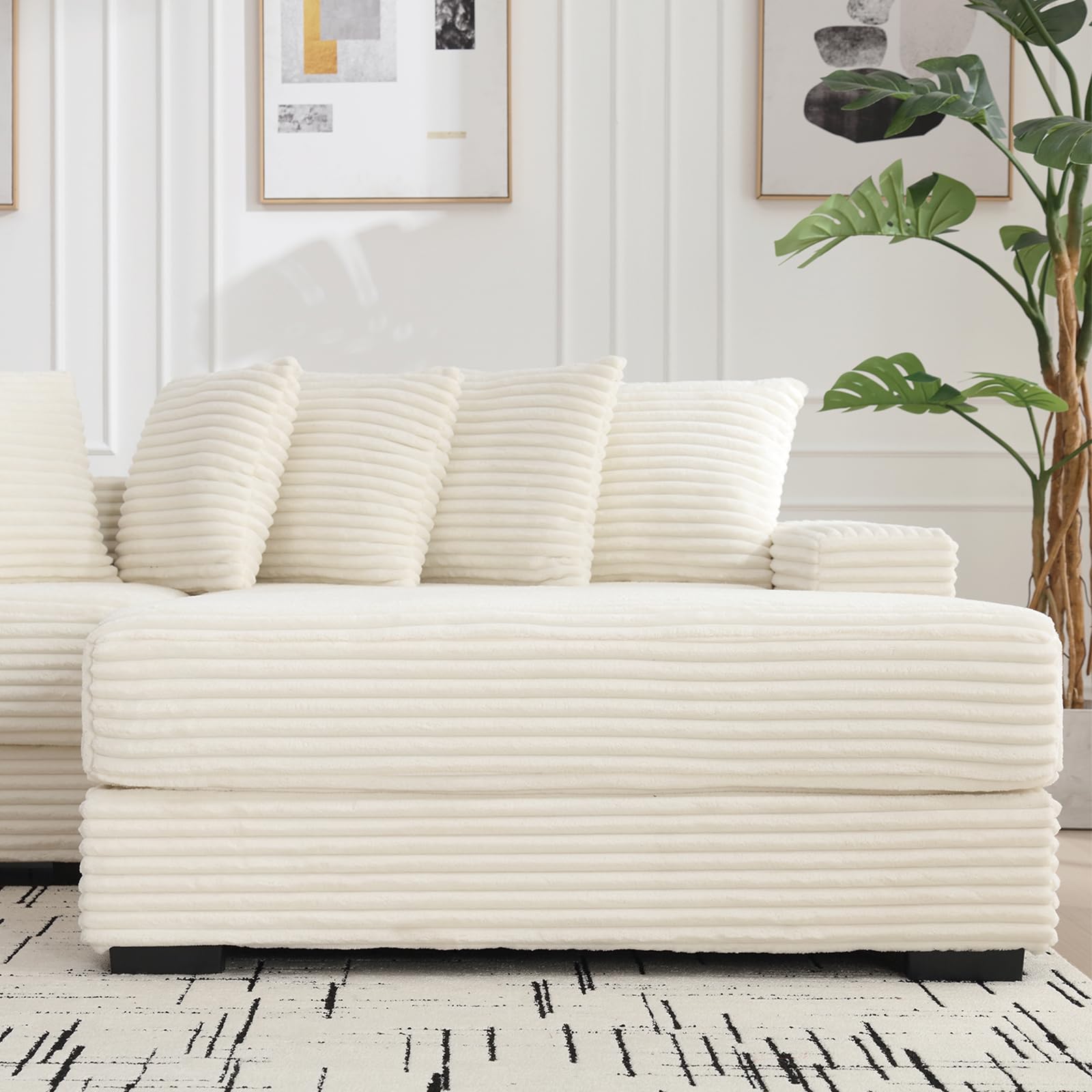 Sectional Sofa Couch,111"W Corduroy L Shaped Couch with Chaise, Comfy Sectional Sleeper Sofa with 8 Throw Pillows,Upholstered Cloud Couch,Modern Corner Sofa for Living Room,Office(Right Facing,Beige)