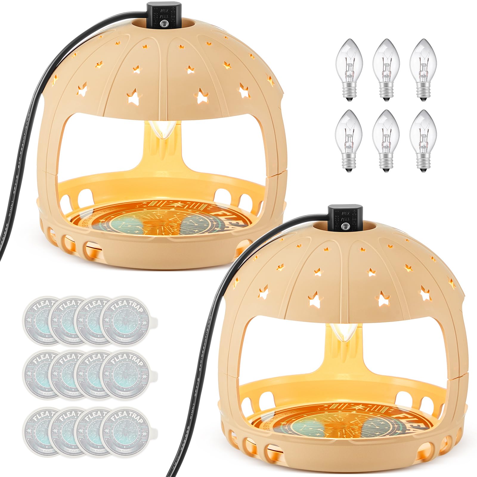 Qualirey 2 Pieces Flea Traps with 12 Sticky Disc 6 Bulbs 2 Electric Wires Flea Traps for Inside Your Home Safe Flea Light Trap for Indoor Safe to Pets