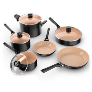 ninja pots and pans set non stick | extended life select ceramic cookware set | 10-piece nonstick | pfoa free | oven safe to 350°f | induction compatible | ck89010bf