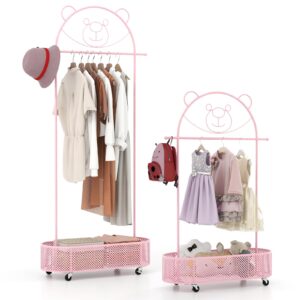 costzon kids clothing rack, height adjustable kids dress up storage for hanging clothes, metal garment rack with storage basket, wheels, clothes rack for kids room, playroom, bedroom (pink)