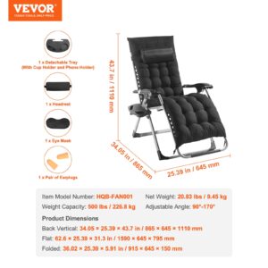 VEVOR Zero Gravity Chair, 26 inch Zero Gravity Recliner Lounge Chair for Indoor and Outdoor, Adjustable Anti Gravity Chair with Cushion, Headrest, Footrest, and Cupholder, 500 lbs, Black