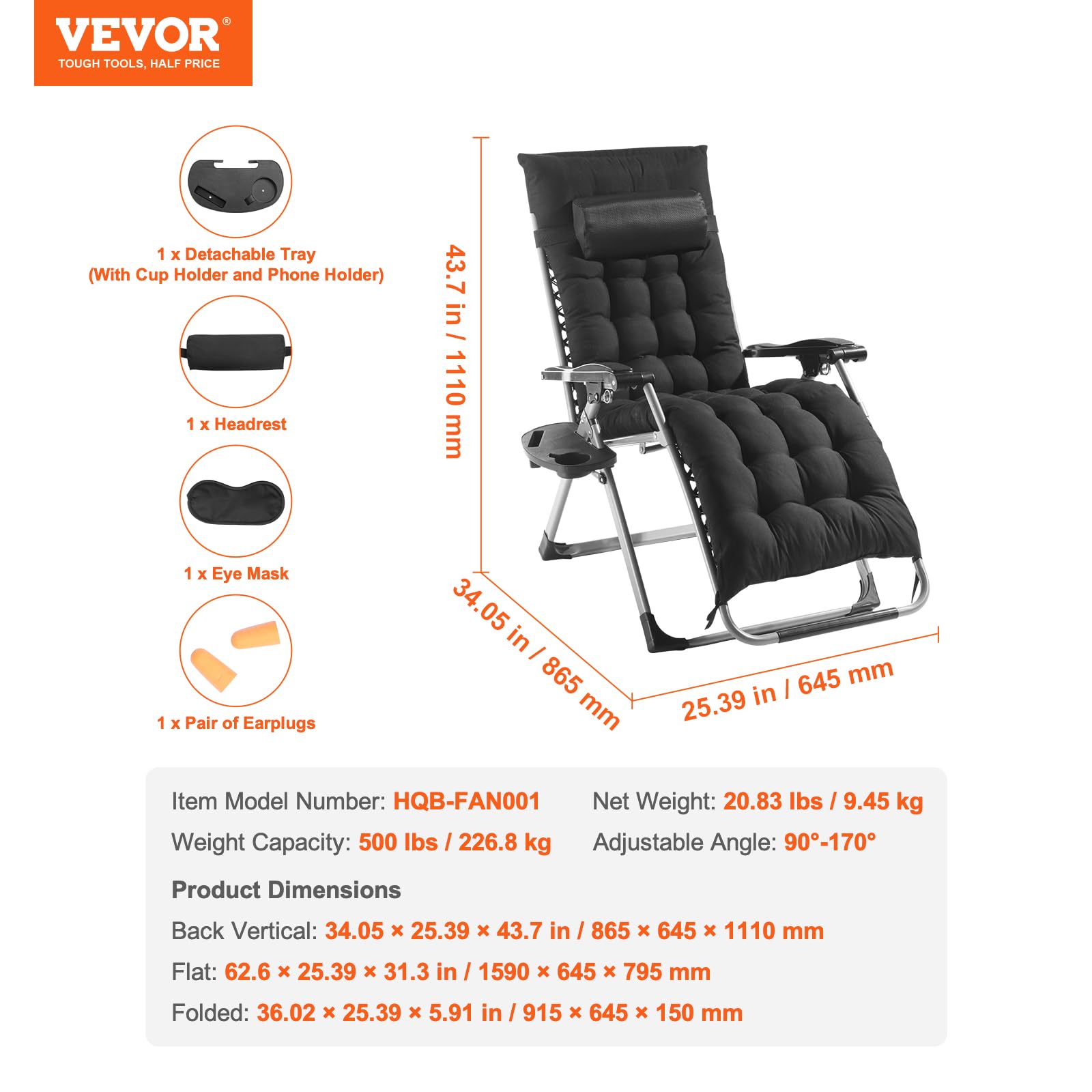 VEVOR Zero Gravity Chair, 26 inch Zero Gravity Recliner Lounge Chair for Indoor and Outdoor, Adjustable Anti Gravity Chair with Cushion, Headrest, Footrest, and Cupholder, 500 lbs, Black