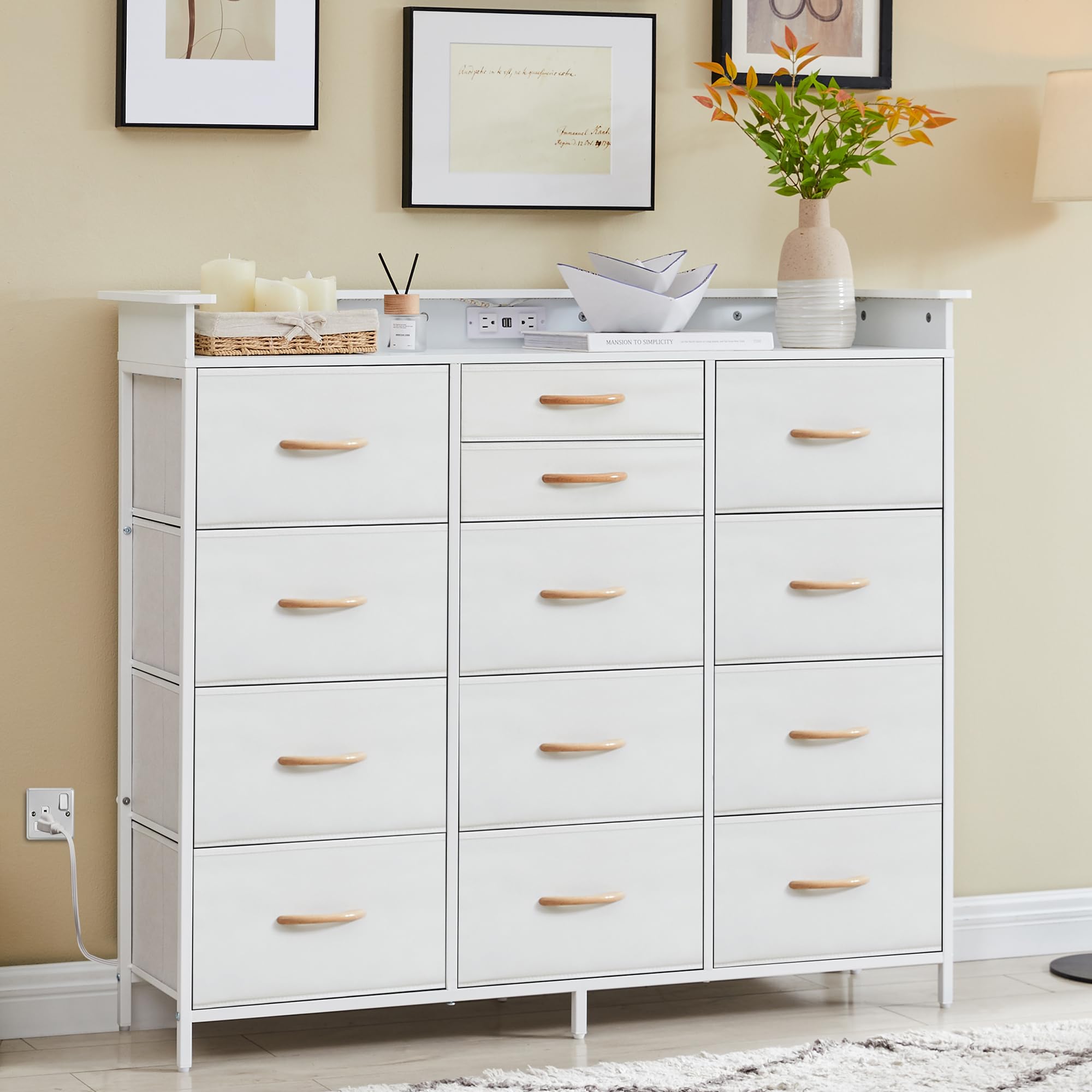 GAMTUE White Dresser with Charging Station and LED Lights, Dresser for Bedroom with 13 Drawers, Dressers & Chests of Drawers for Bedroom Closet, Tall Dressers with PU Storage