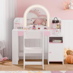 MU Kids Vanity with Lights, Princess Makeup Vanity Desk with Open Bookshelf, Storage Cabinet & Shelves, 2 in 1 Toddler Vanity Table & Chair Set with Lighted Mirror for Little Girls, White