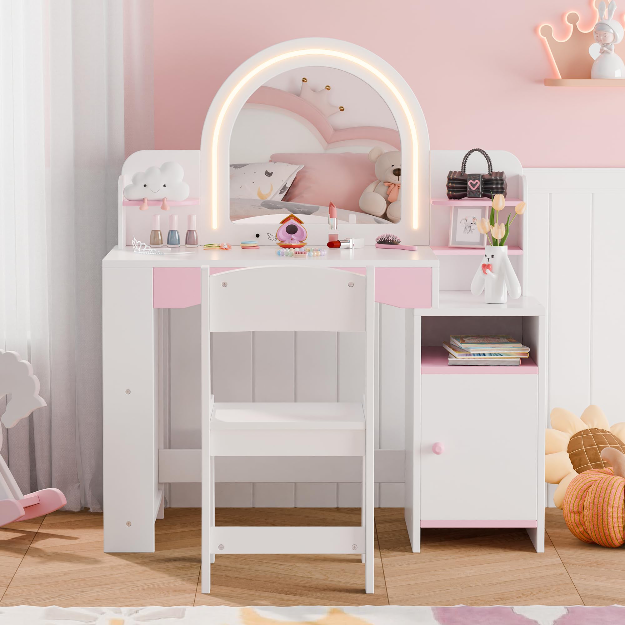 MU Kids Vanity with Lights, Princess Makeup Vanity Desk with Open Bookshelf, Storage Cabinet & Shelves, 2 in 1 Toddler Vanity Table & Chair Set with Lighted Mirror for Little Girls, White