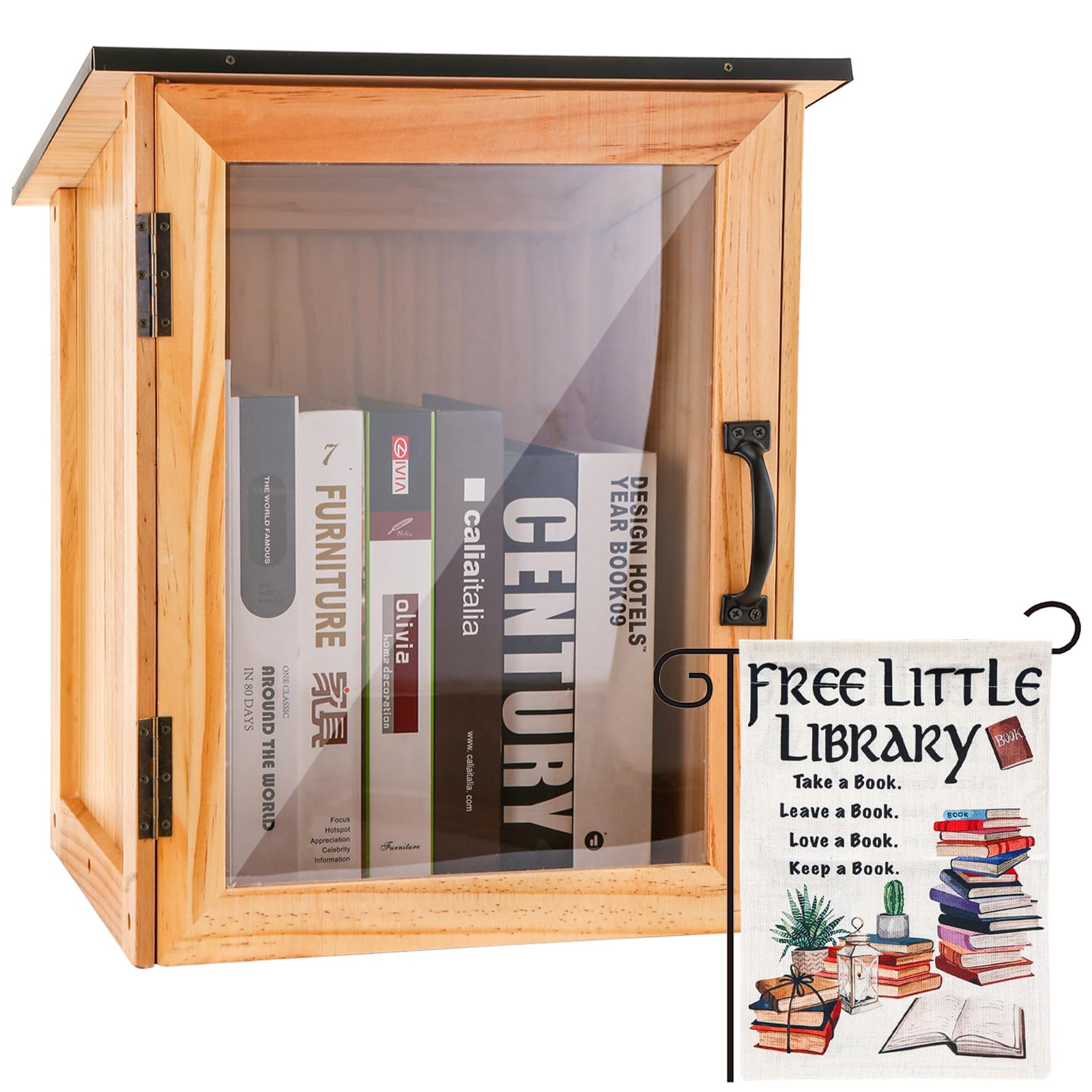 NatldGs Little Library Box Outdoor Kit - A Wooden Library Box and A Library Garden Flag for Sharing Books, Communication and Learning Between Neighbouring Communities