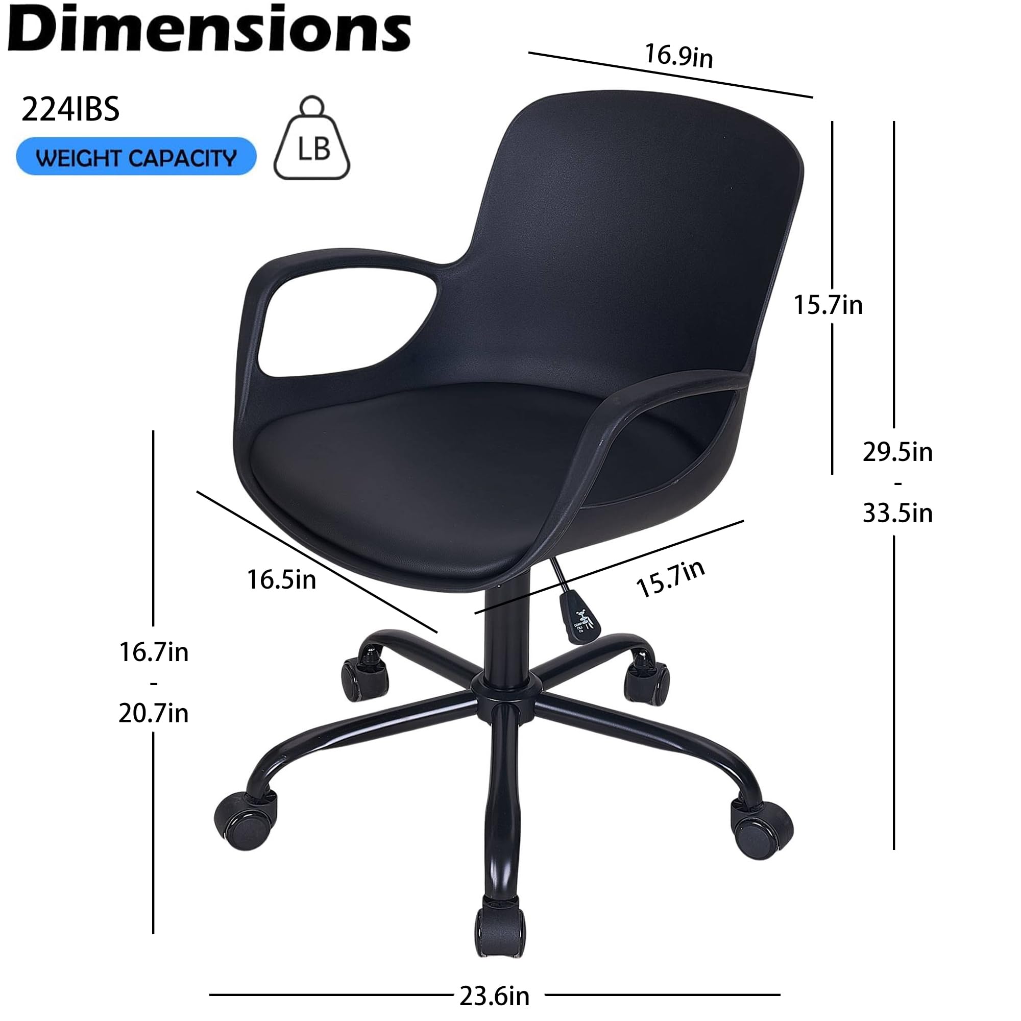 VECELO Mid-Back Chair for Desk with Armrests, Height Adjustable, 360°Swivel Wheels for Home Office Computer Study Work, Black