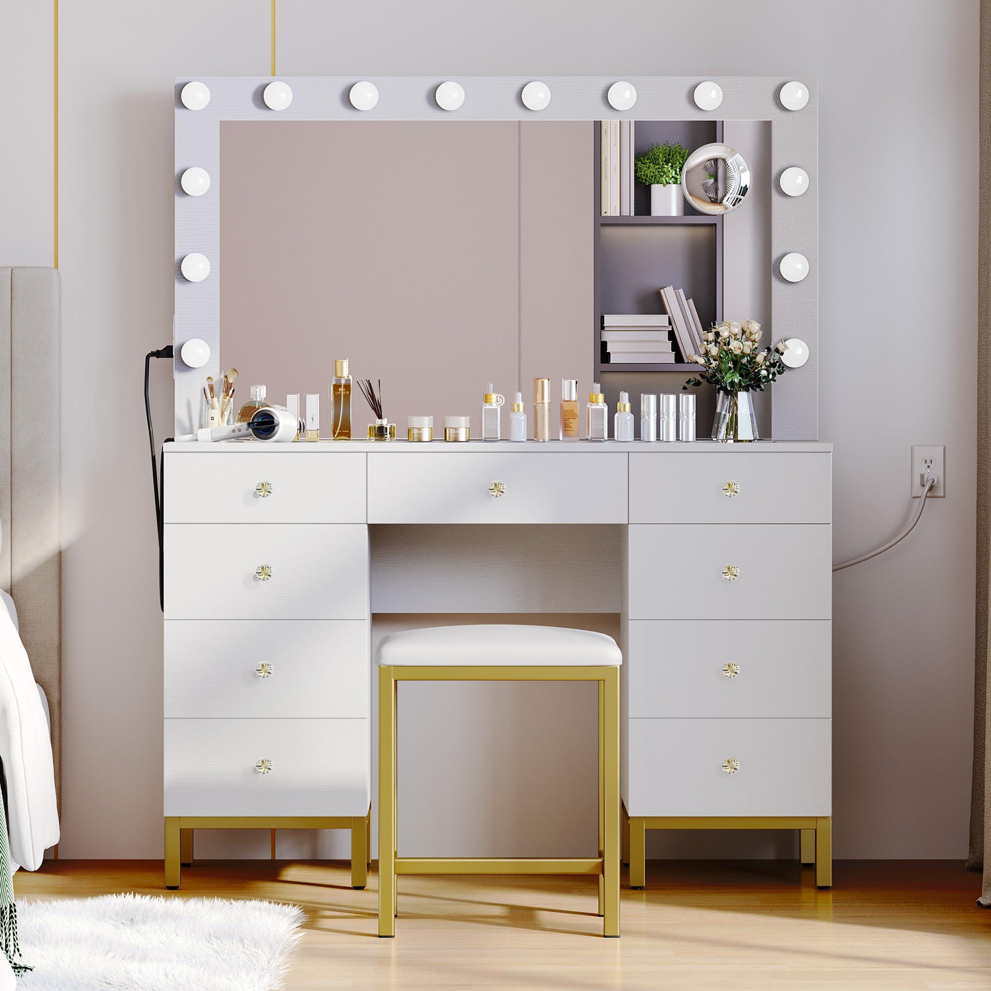 DWVO White Vanity Desk with Large Mirror, Lights and Charging Station - Large Makeup Table Set with 14 LED Lights Bulbs, Magnifying Glass Drawers and 3 Light Modes