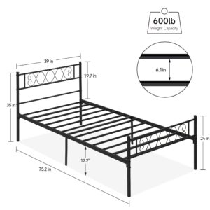 SUNNYFURN Metal Twin Bed Frame Metal Platform Bed Frame with Headboard and Footboard Classic Metal Bed Frame with Iron-Art Sweet Heart for Girls and Boys No Box Spring Needed Noise-Free