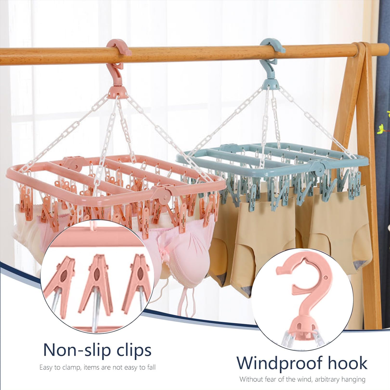 COFDDS Clothes Drying Hanger with 32 Clips and Drip Foldable Hanging Rack,Plastic Hanging Drying Rack for Clothes Underwear Socks (Blue)