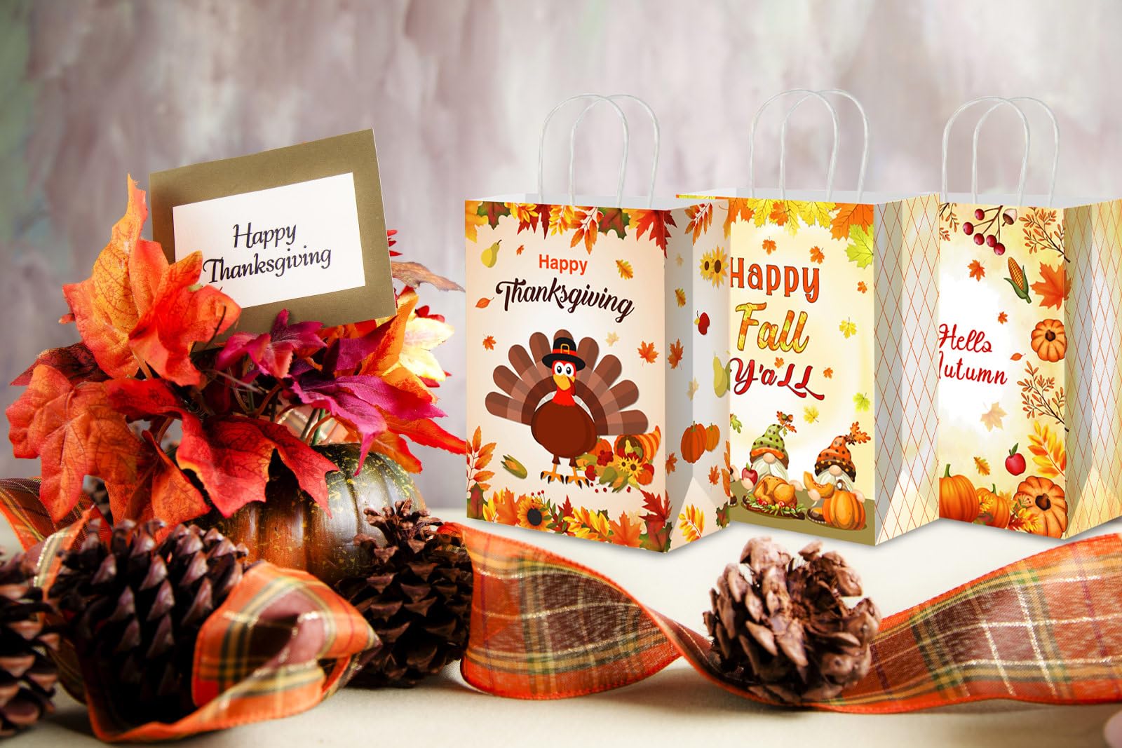 JUESMOS 12PCS Thanksgiving Paper Gift Bags 8.3" Hello Autumn Fall Gift Bags with Handles Turkey Pumpkin Leaves Treat Bags Candy Goodie Bags for Thanksgiving Fall Baby Shower Birthday Party Decor