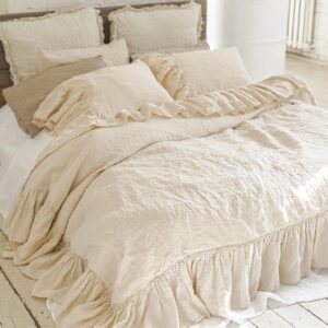 INDACORIFY Cotton Linen Ruffle Duvet Cover Bohemian Bedding 3 Pcs Set Linen Duvet with 2 Pillowcases with Ruffles Softened Comforter Cover Set (King 90X104 Inches)