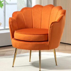 US Pride Furniture Velvet Barrel Chair, Stylish Accent with Scalloped Backrest and Gold Metal Legs, Suitable for Traditional, Modern, and Contemporary Living Rooms, Orange