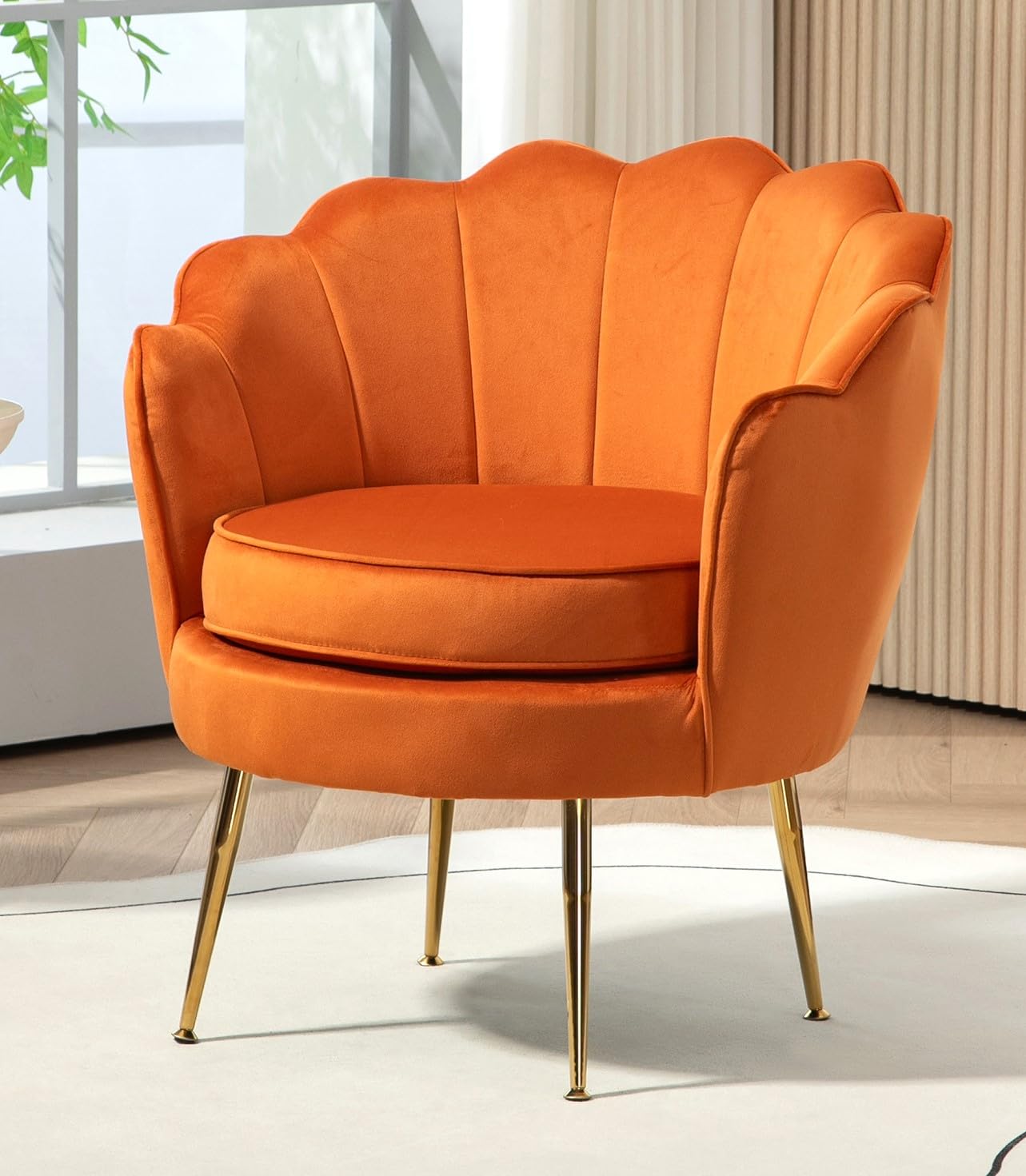 US Pride Furniture Velvet Barrel Chair, Stylish Accent with Scalloped Backrest and Gold Metal Legs, Suitable for Traditional, Modern, and Contemporary Living Rooms, Orange