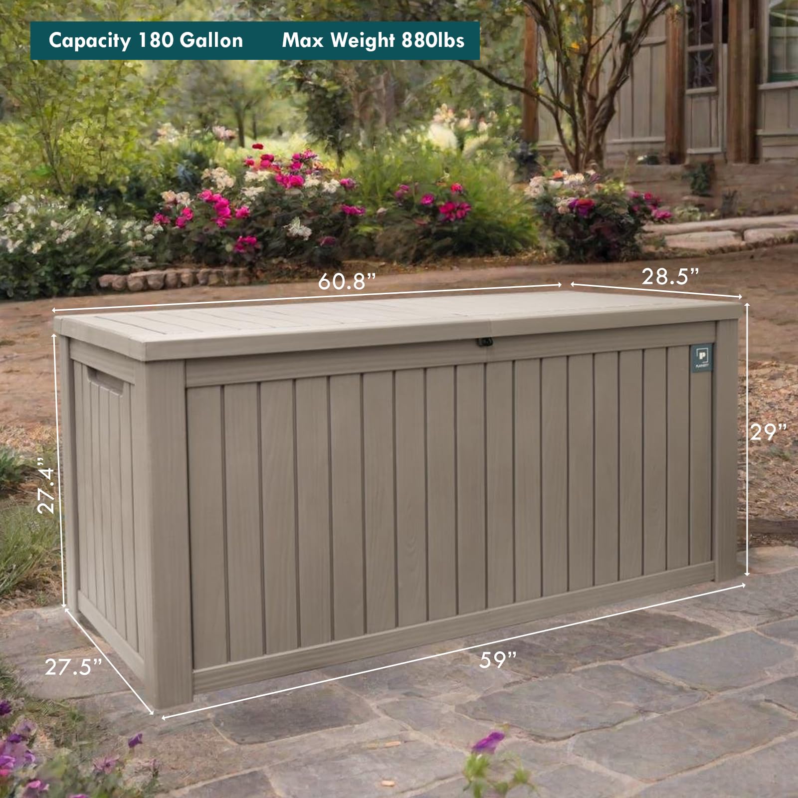 Plainsity 180 Gallon Outdoor Storage Box, Durable Deck Boxes Outdoor Waterproof, Resin Waterproof Deck Box for Patio Furniture Outdoor Cushions Garden Tools and Pool Storage (Light Brown)