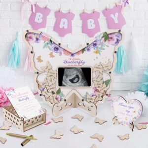 66 Pcs Baby Shower Guest Book Alternatives Set Butterfly Guest Book Baby Shower Guestbook with Photo Frame Baby Sonogram Frame with 60 Butterfly Wood Slices for Birthday Reception (Butterfly, Purple)