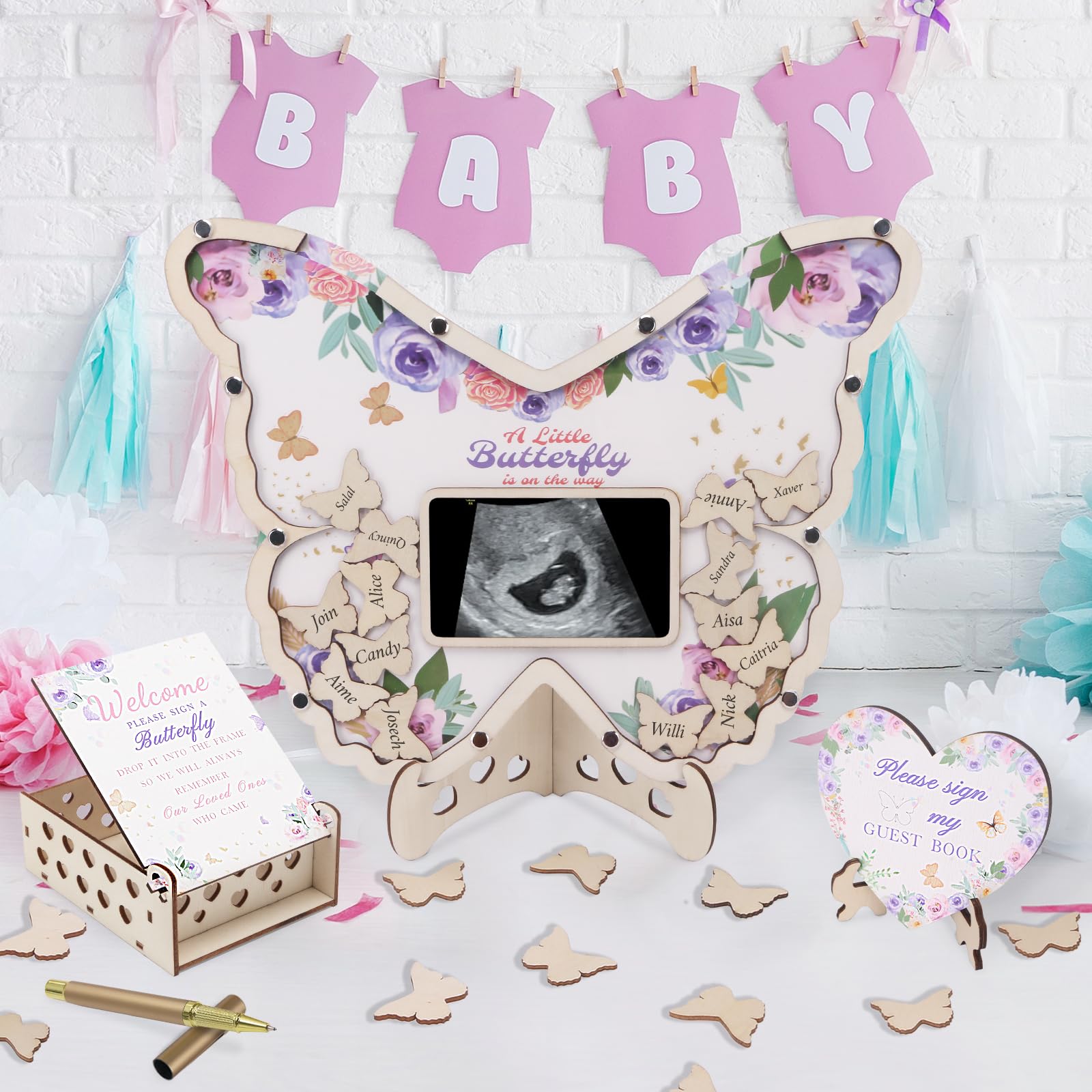 66 Pcs Baby Shower Guest Book Alternatives Set Butterfly Guest Book Baby Shower Guestbook with Photo Frame Baby Sonogram Frame with 60 Butterfly Wood Slices for Birthday Reception (Butterfly, Purple)