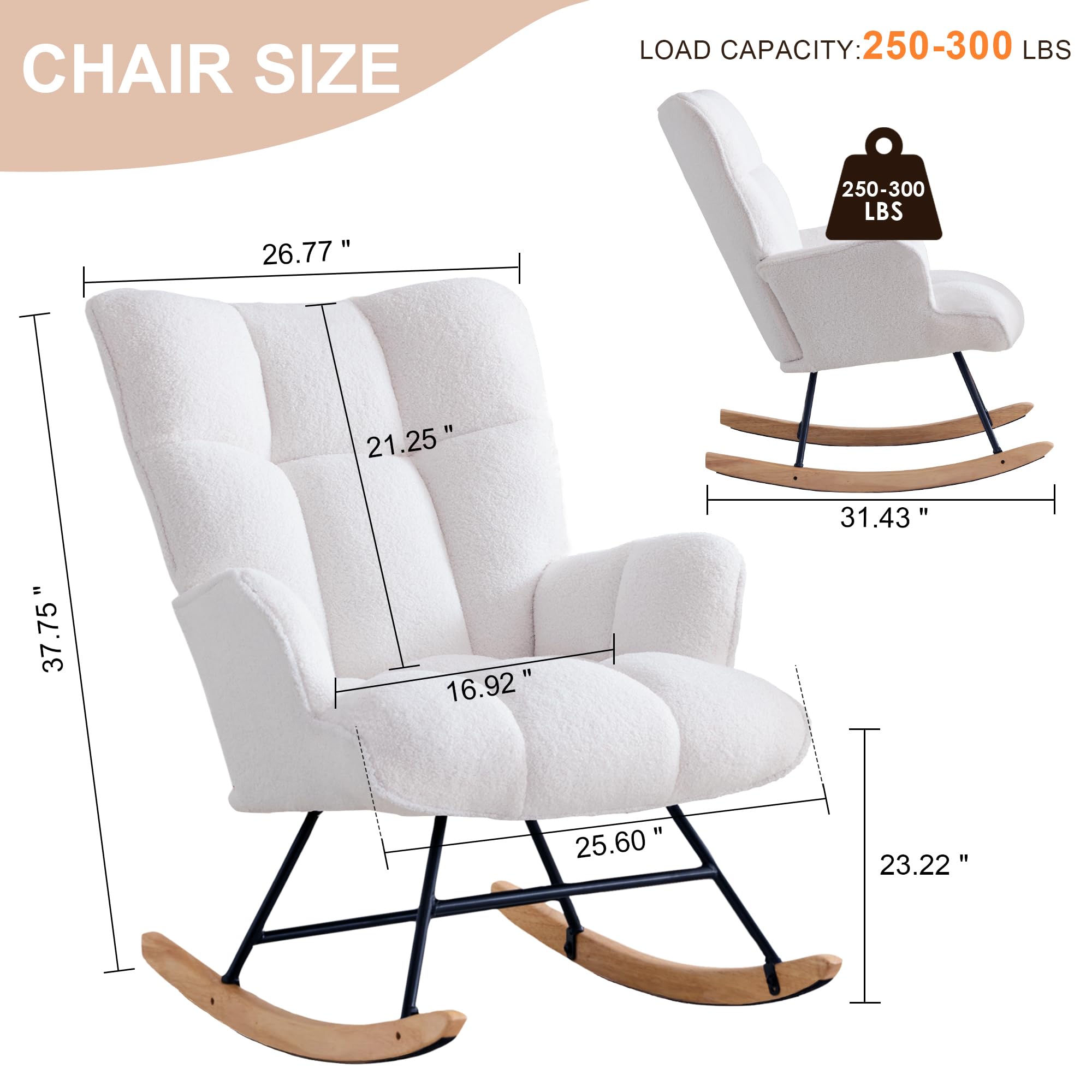 Zedachica Rocking Chair Nursery Teddy Upholstered Glider Rocker Rocking Accent Chair Padded Seat with High Backrest Armchair Comfy Side Chair for Living Room Bedroom Offices (White Teddy)