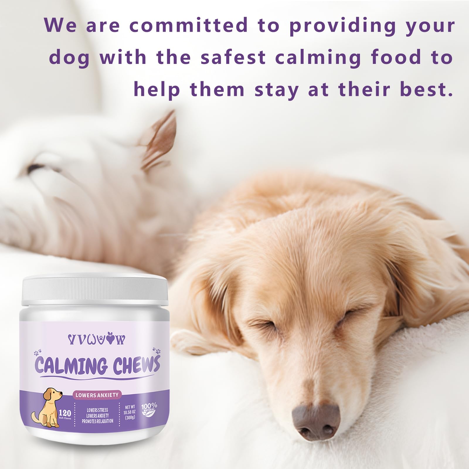 VVWVVW Calming Chews for Dogs 120PCs, Dog Calming Chews for Dog Anxiety Relief, Promote Relaxation, Aid with Separation, Barking and Sleeping, Natural Ingredients Calming Treats for Dogs