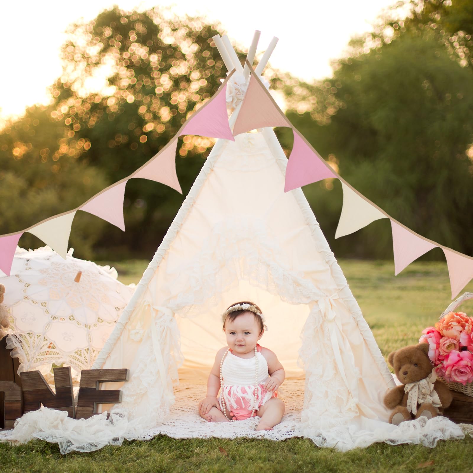 GCQQ Pennant Banner Flags, 9Ft Pink Nursery Garland, 12Pcs Boho Nursery Banner Decoration, Double-side Baby Nursery Garland Decor for Girl Toddler Room, Nursery Wall, Bed, Baby Shower, Birthday Party