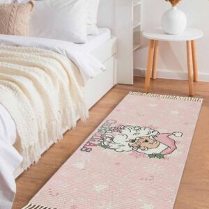 Runner Rug for Hallway 2x6ft, Merry Christmas Cute Pink Santa Washable Runner Rugs with Tassels Woven Floor Carpet Runners for Hallways Kitchen Laundry Entryway