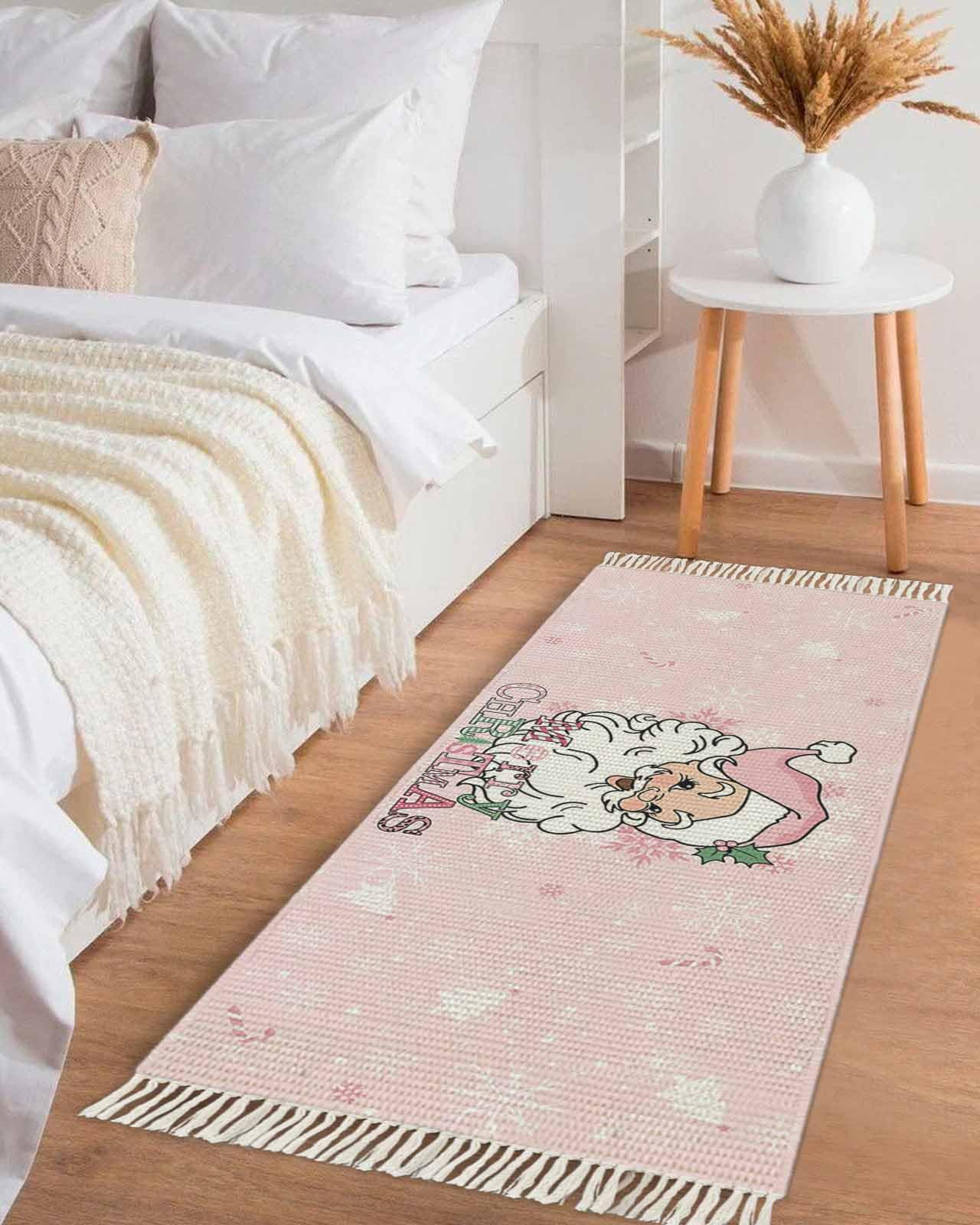 Runner Rug for Hallway 2x6ft, Merry Christmas Cute Pink Santa Washable Runner Rugs with Tassels Woven Floor Carpet Runners for Hallways Kitchen Laundry Entryway