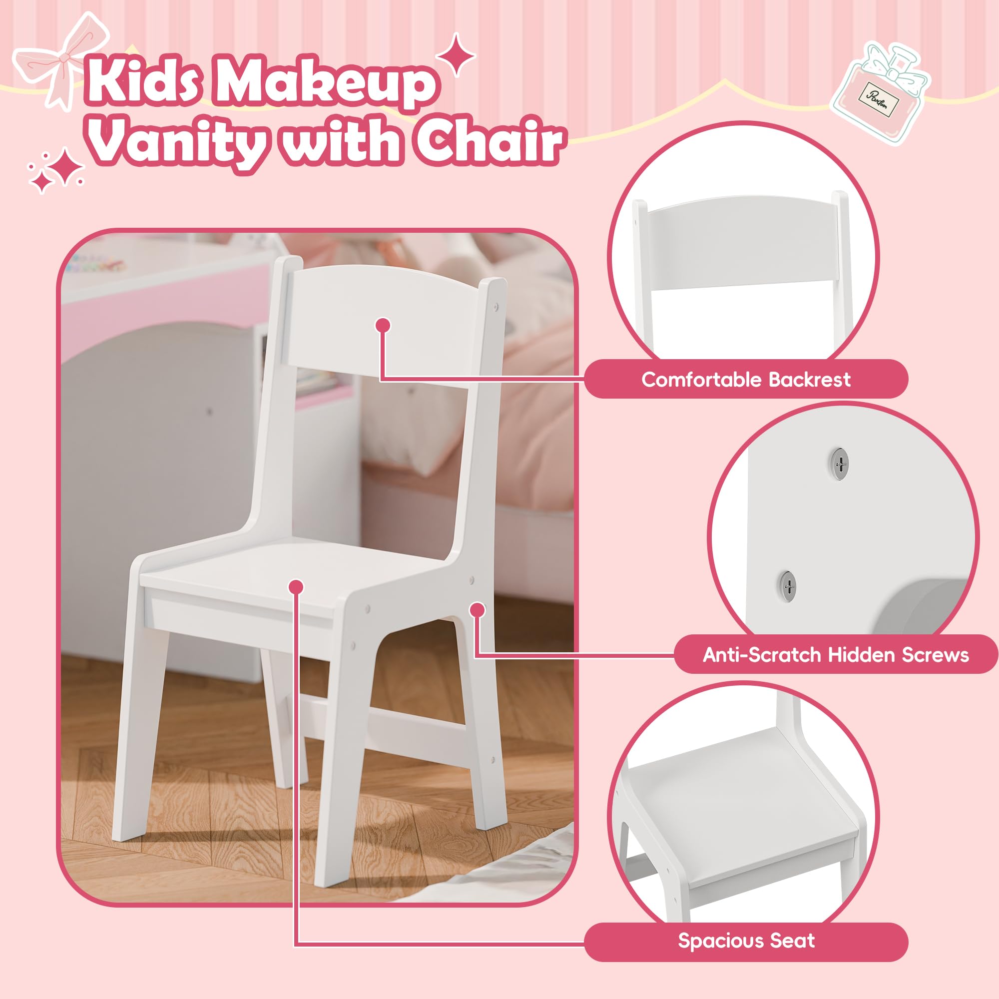 MU Kids Vanity with Lights, Princess Makeup Vanity Desk with Open Bookshelf, Storage Cabinet & Shelves, 2 in 1 Toddler Vanity Table & Chair Set with Lighted Mirror for Little Girls, White