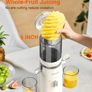 Cold Press Juicer, Updated Masticating Juicer Machines with 5" Feeding Chute Fit Whole Fruits &Vegetables, 99.6% Juice Purity, Streamlined Parts Easier to Clean/1.5L Capacity/2 Cups Included