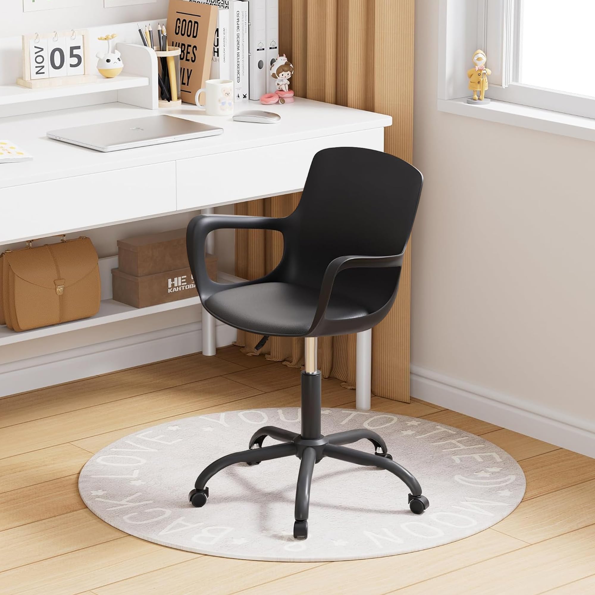 VECELO Mid-Back Chair for Desk with Armrests, Height Adjustable, 360°Swivel Wheels for Home Office Computer Study Work, Black