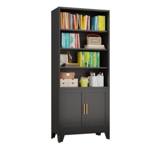 aueytvr bookshelf with doors, 75" metal tall bookcase with doors and 3 tier adjustable shelves, display cabinet for living room, bedroom, office (black)