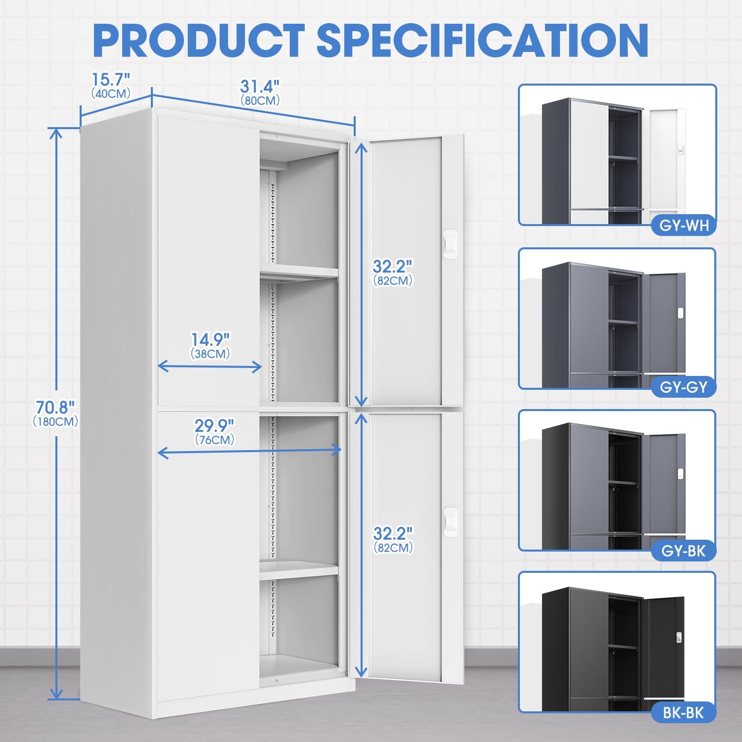 DNA MOTORING Metal Storage Cabinet, 71'' Locking Cabinet with 4 Doors and 2 Adjustable Shelves, Metal Cabinet Heavy Duty Utility Cabinet for Garage,Office,Home,Gym, White, TOOLS-00634-WH-WH