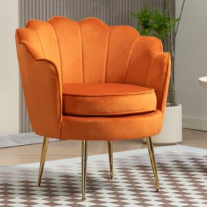 US Pride Furniture Velvet Barrel Chair, Stylish Accent with Scalloped Backrest and Gold Metal Legs, Suitable for Traditional, Modern, and Contemporary Living Rooms, Orange