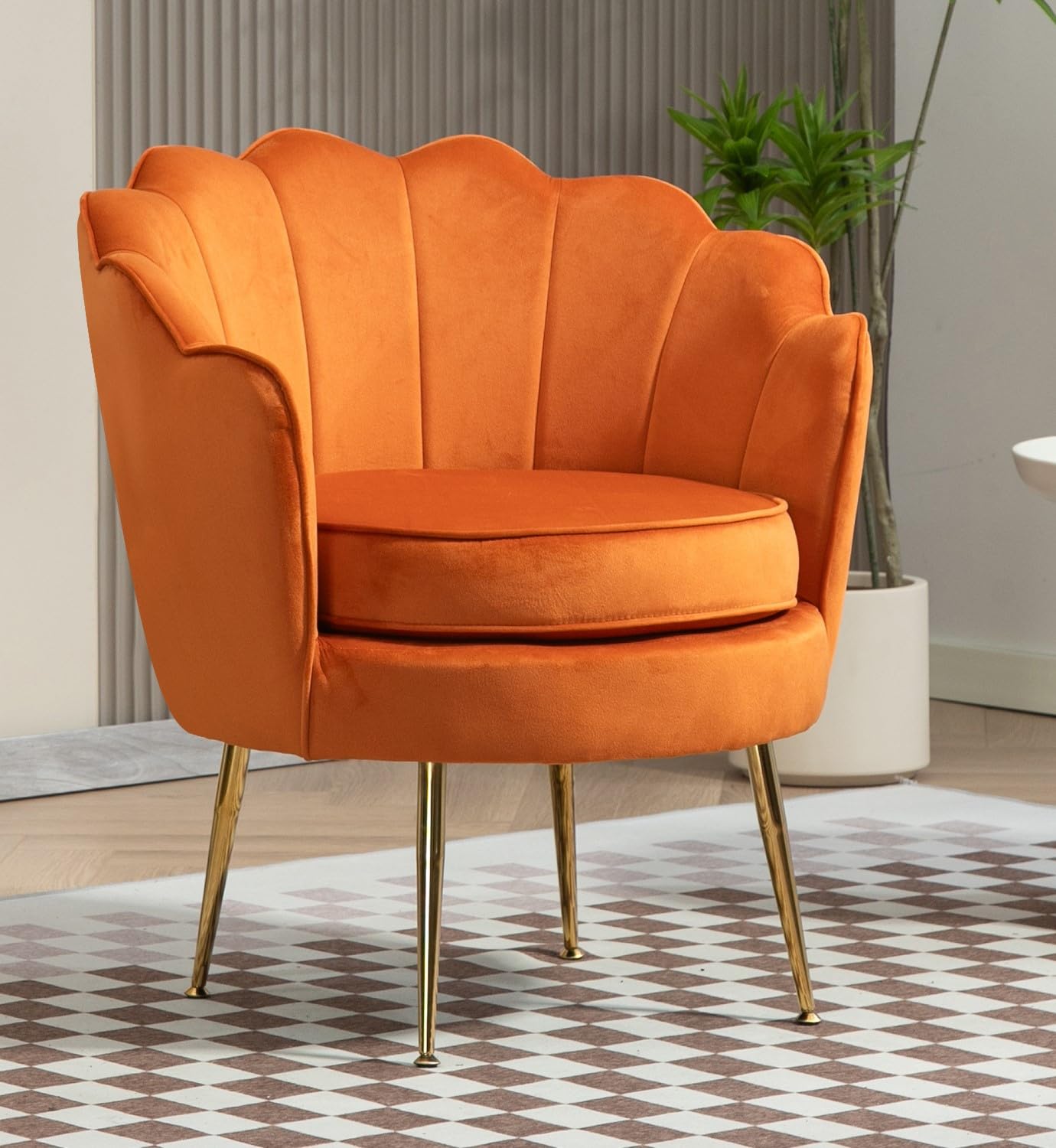 US Pride Furniture Velvet Barrel Chair, Stylish Accent with Scalloped Backrest and Gold Metal Legs, Suitable for Traditional, Modern, and Contemporary Living Rooms, Orange