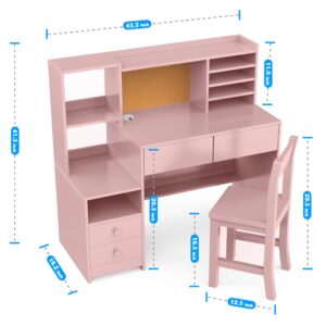 RUPOLX Childrens Computer Desk with 4 Drawers, Pink Kids Desk and Chair Set for 5-12 Year Old,Kids Study Table with Storage Shelf-oU6k6e