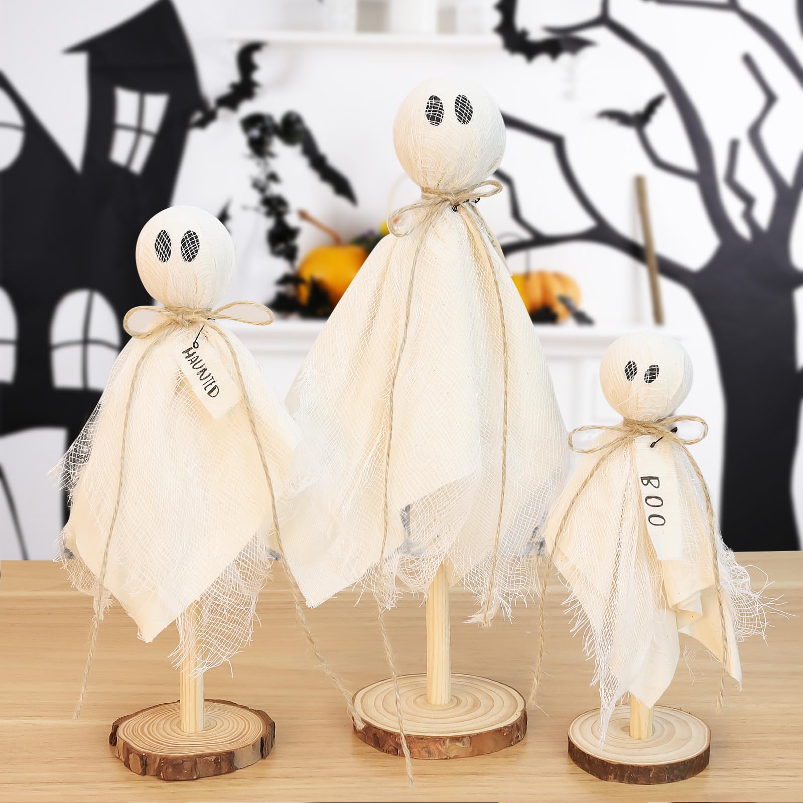 RERCIT 3 Pack Halloween Ghost Kits Decor Indoor with Wooden Stand, Halloween Centerpieces for Tables, Halloween Mantel Decorations