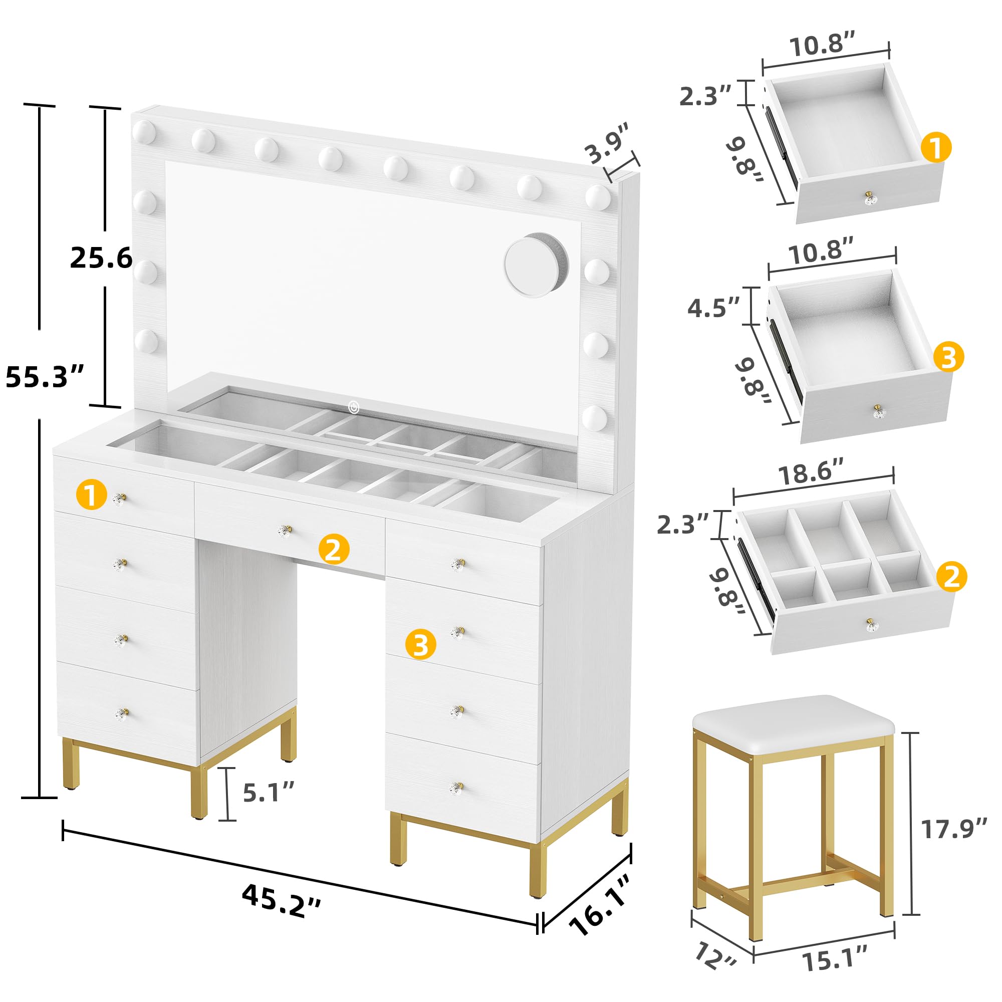 DWVO White Vanity Desk with Large Mirror, Lights and Charging Station - Large Makeup Table Set with 14 LED Lights Bulbs, Magnifying Glass Drawers and 3 Light Modes