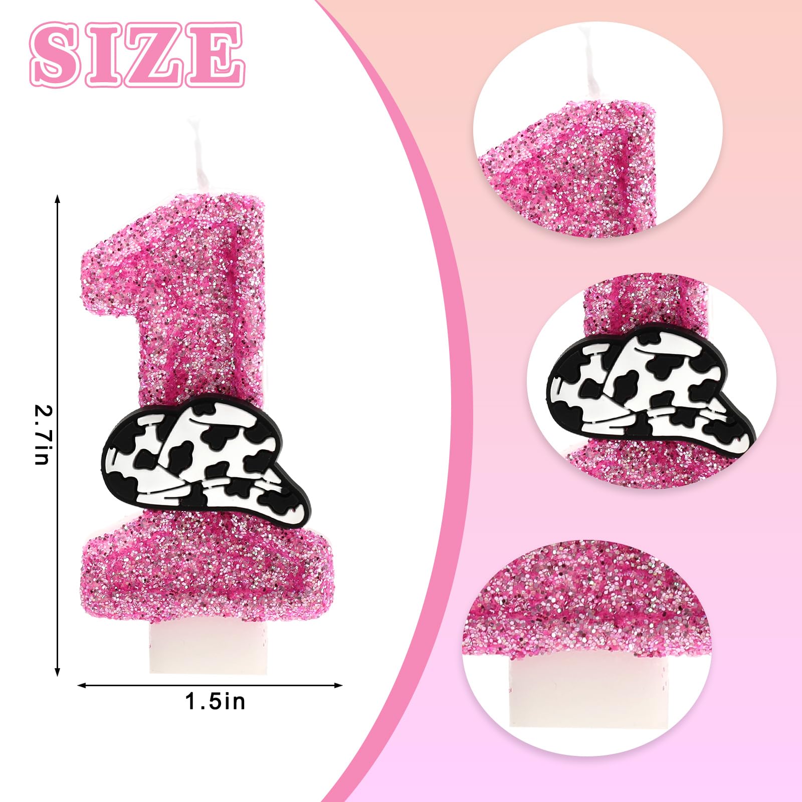 JarThenaAMCS Hot Pink Cowgirl Glitter Candle Holy Cow Im One Birthday Decoration Number 1 Cake Topper for Girls First 1st Birthday Party Supplies