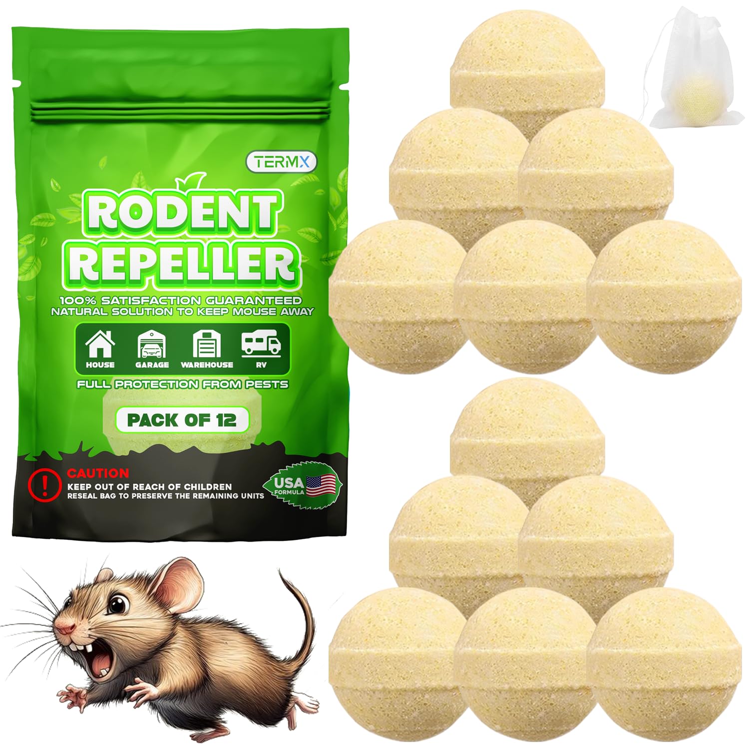 TERMX Mothballs for Rodents 12Pack Moth Balls for Outdoor use Peppermint Oil for Mice Best Mouse Repellent Pouches Mice Repellent Indoor Rat Repellent for House Basement Attic Office Garage RV etc