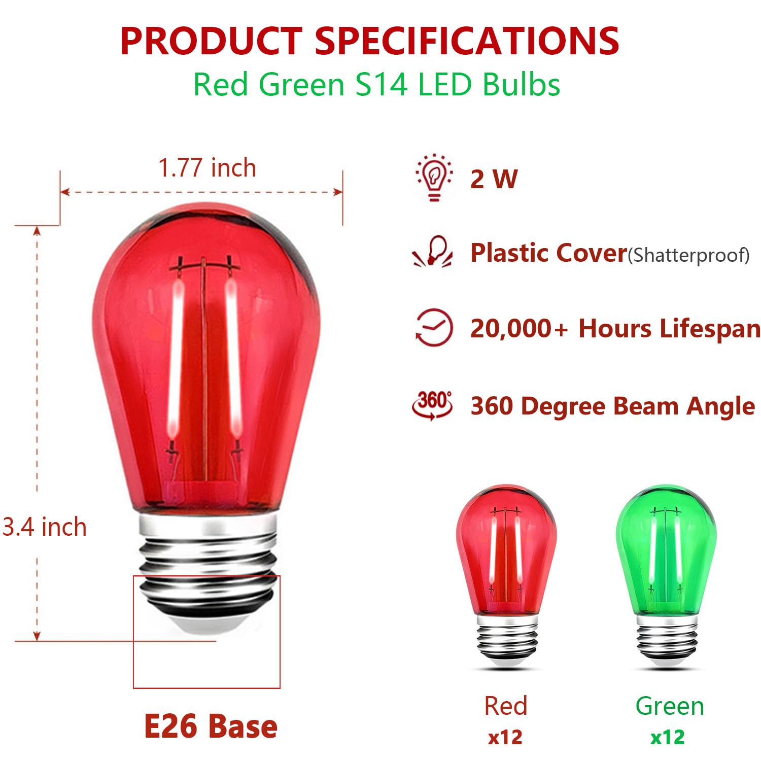 GUILEDUO 24 Pack S14 LED Red Light Bulb Green Light Bulb, Shatterproof 2 Watt Red Green String Light Bulbs Plastic Waterproof E26 Base Filament Edison Outdoor Replacement Christmas Light Bulbs, 120V