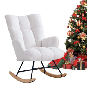 zedachica rocking chair nursery teddy upholstered glider rocker rocking accent chair padded seat with high backrest armchair comfy side chair for living room bedroom offices (white teddy)