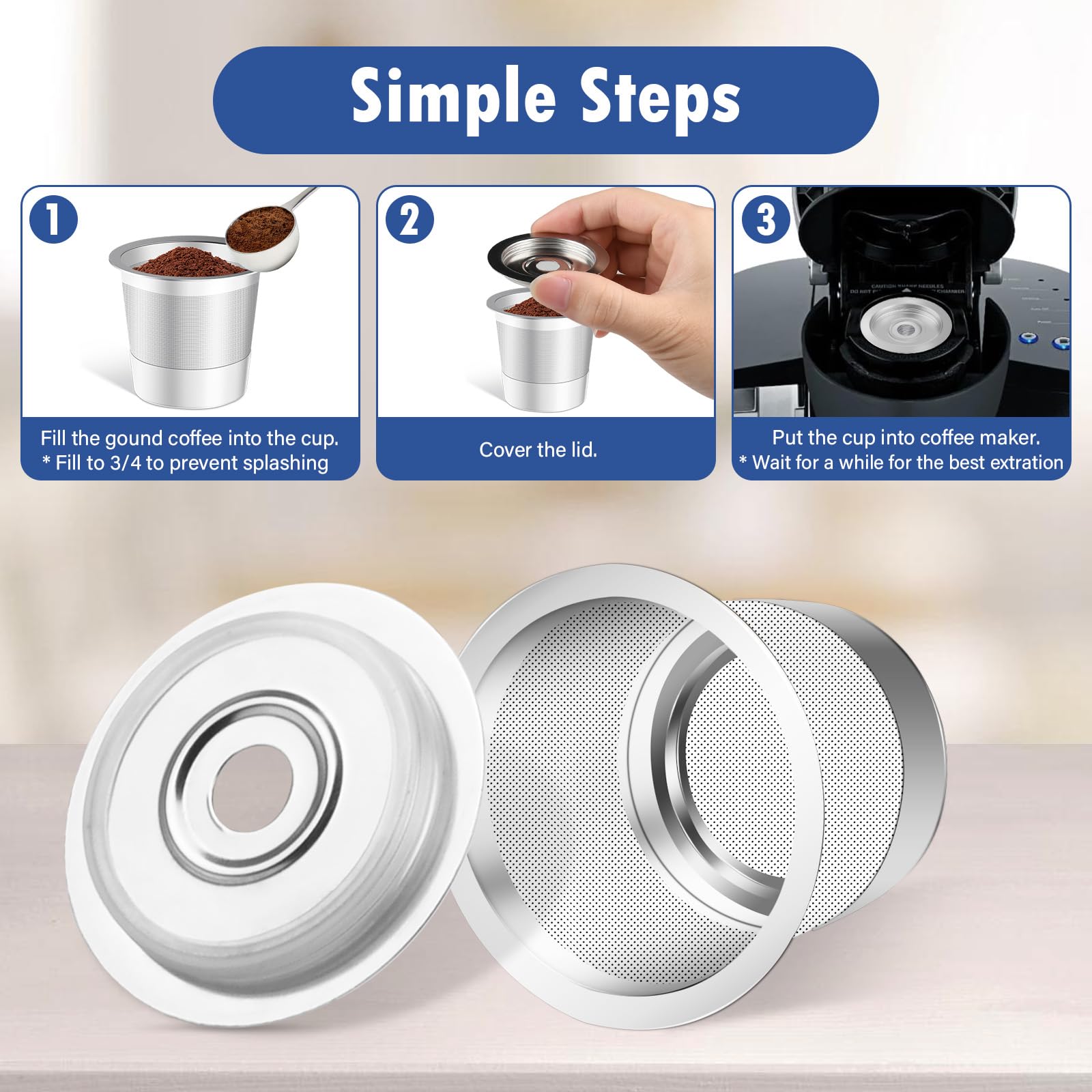 2 Pack Stainless Steel K Cup Reusable Coffee Pods Compatible with kuerig 1.0 Coffee Maker, K Cup Filters Refillable Coffee Pods Coffee Filters