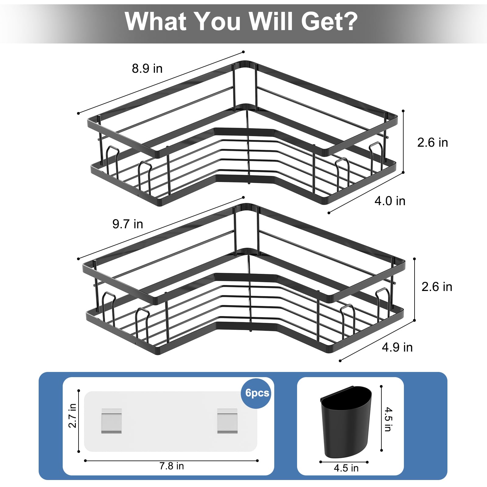 Pioleackflew Corner Shower Caddy - No Drill Bathroom Shower Organizer Rustproof Shower Shelves Shower Caddy Adhesive with Toothbrush cups Shower Shelf for Inside Showerower Black (2 Pack)