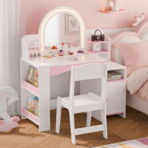 mu kids vanity with lights, princess makeup vanity desk with open bookshelf, storage cabinet & shelves, 2 in 1 toddler vanity table & chair set with lighted mirror for little girls, white