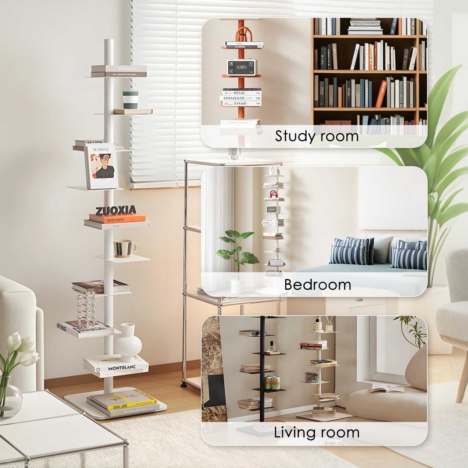 HYHTMER 9-Tier Metal Spine Bookshelf - Vertical Tower for Booksfor Small Spaces, Multipurpose Corner Bookshelf, Tall & Narrow Ladder Bookcase, Ideal Book Display for Home or Office (White)