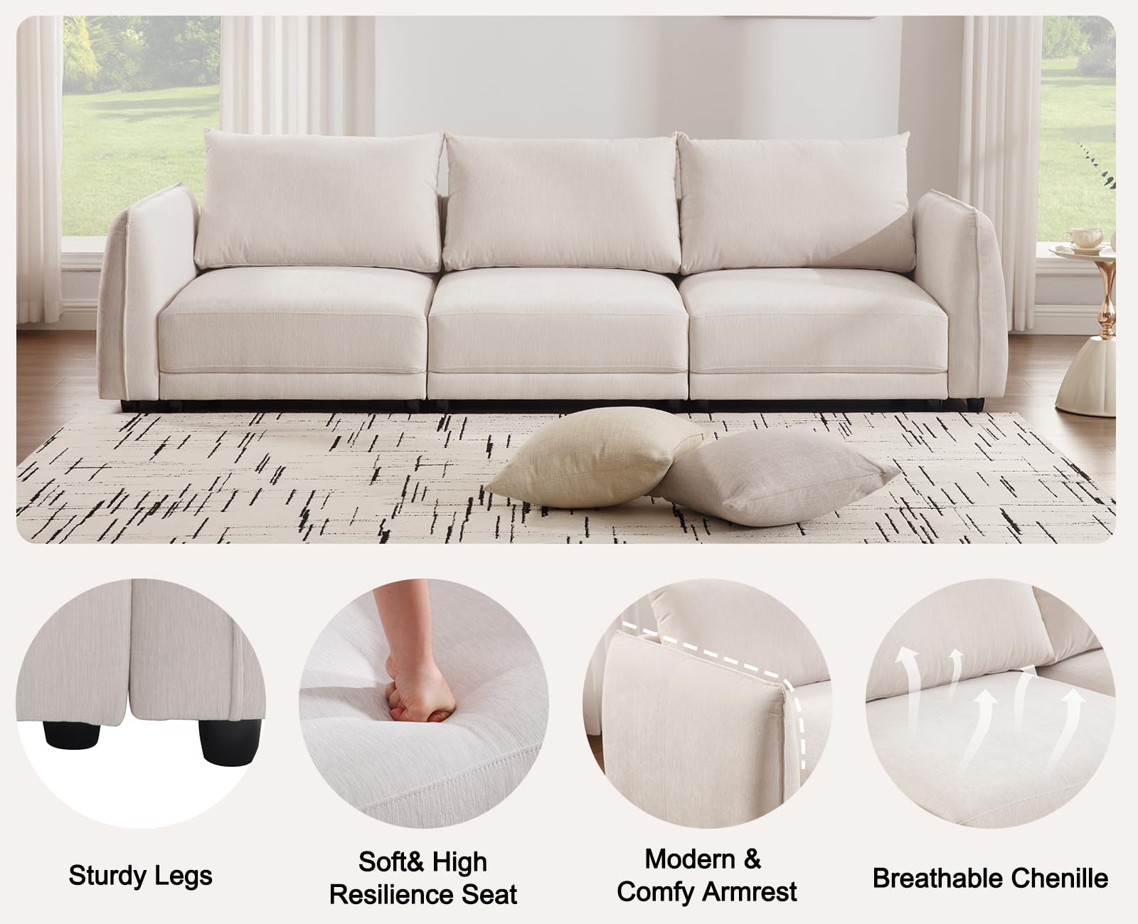 QIUKIU Convertible Sectional Sofa with Ottoman, Chenille L Shaped 3 Seat Modular Sectional Sofa Couch with Mobile Footsool, Modern Upholstered Sofa with Arm for Living Room, Apartment, Office, White