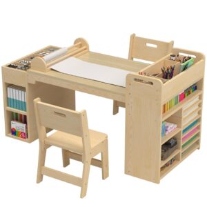 nkugcfc 50.4inx 22.8in kids art table and chair set with paper roll dispenser,kids craft table with portable art supply organizer for 4-12 year old,drawing table with large storage desk for kids