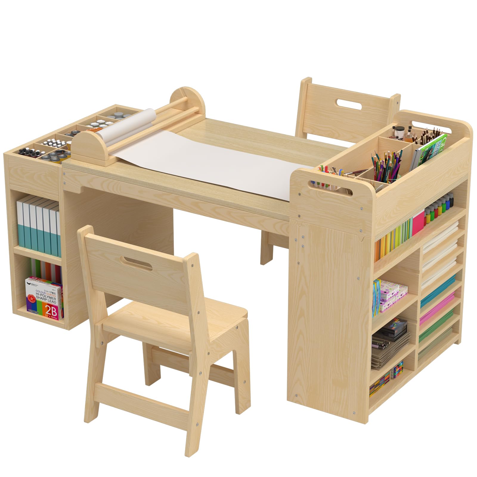 NKUGCFC 50.4inx 22.8in Kids Art Table and Chair Set with Paper Roll Dispenser,Kids Craft Table with Portable Art Supply Organizer for 4-12 Year Old,Drawing Table with Large Storage Desk for Kids