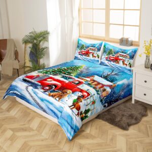 Red Truck Duvet Cover Queen Size,Snowman Dog Comforter Cover with 2 Pillowcase for Teens Adults,Kids Christmas Tree Bedding Set,Xmas Theme Breathable 3 Pcs Decorative Bed Cover(No Comforter)