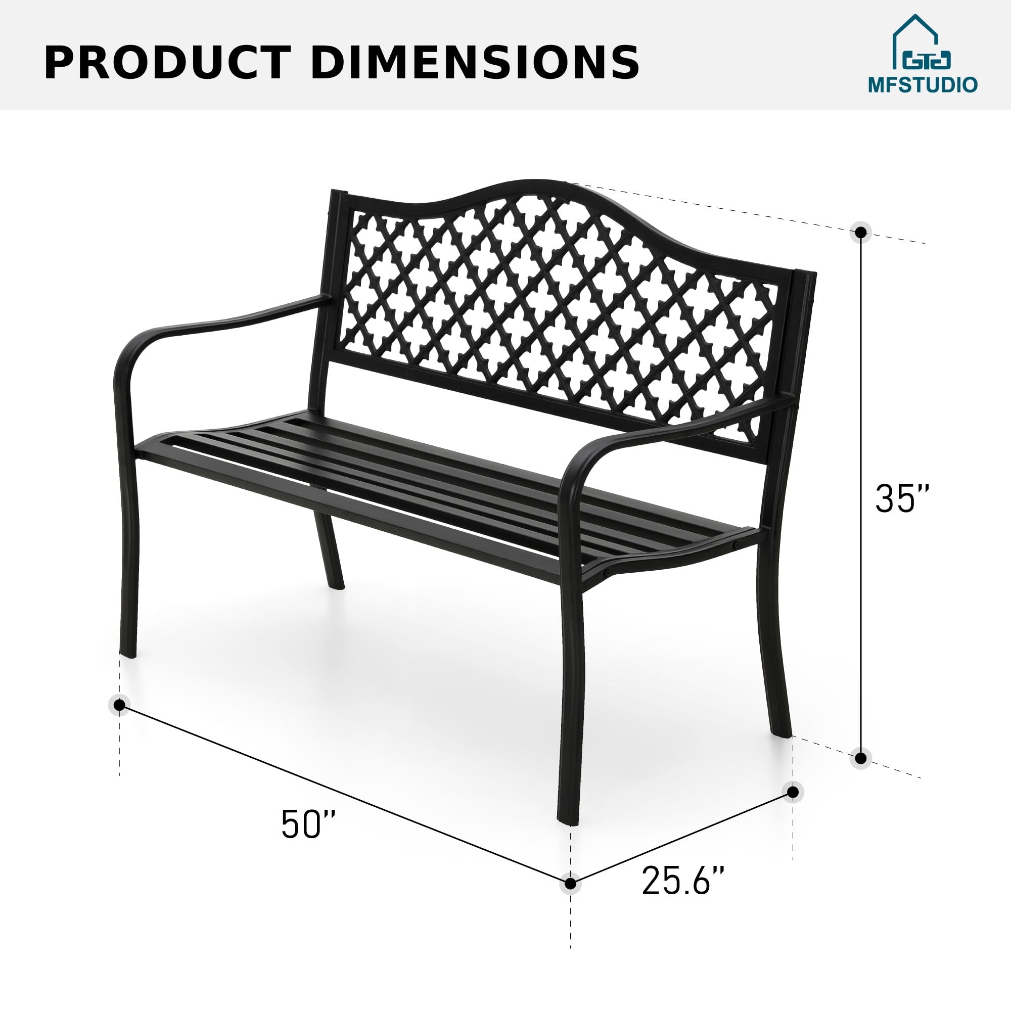 MFSTUDIO 50" Black Outdoor Metal Garden Bench, Cast Iron Frame Patio Furniture with E-Coating, Perfect for Porch and Yard